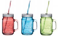Home Made Coloured Glass Drinks Jar with Straw 450ml - Assorted
