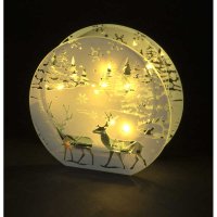 SnowTime Battery Operated Lit Glass Box with Deer & Trees 16cm 10 Warm White LED - Round