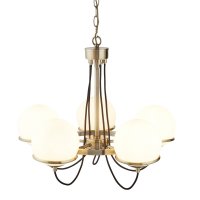 Searchlight Sphere 5 Light Ceiling,Antique Brass,Black Braided Cable,Opal White Glass Shades
