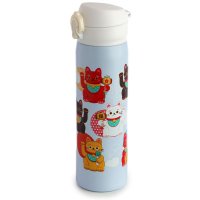 Puckator Reusable Push Top Stainless Steel Hot & Cold Thermal Insulated Drinks Bottle - Maneki Neko Lucky Cat