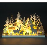 Snowtime 18cm Table Top Trees House with Family Stags - Warm White