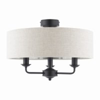 Laura Ashley Sorrento 3 Light Semi-Flush Matt Black with Natural Shade