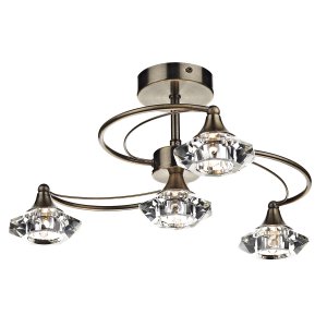 Dar Luther 4 Light Semi Flush with Crystal Glass Antique Brass