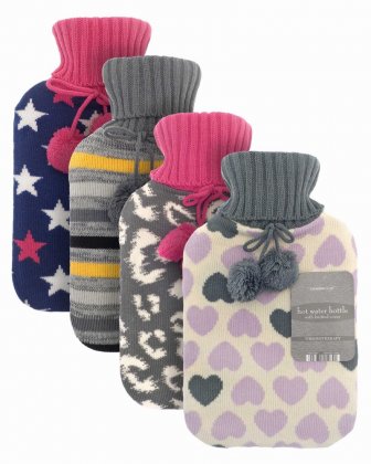Country Club Hot Water Bottle with Trendy Knitted Cover - Assorted
