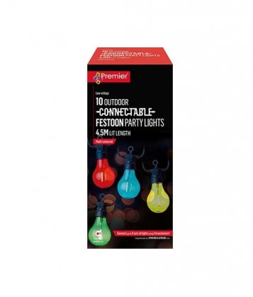 Premier Decorations 10 Outdoor Connectable Festoon Party Lights A60 Bulbs - Multicoloured