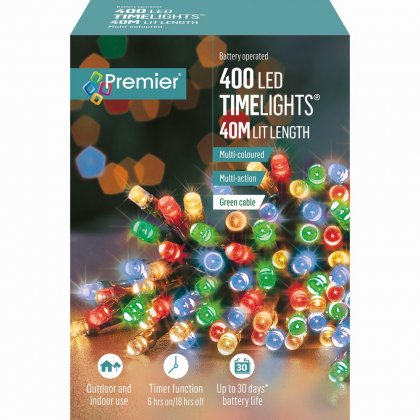 Premier Decorations Timelights Battery Operated Multi-Action 400 LED with Green Cable - Multicoloured