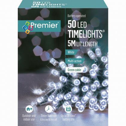 Premier Decorations Timelights Battery Operated Multi-Action 50 LED - White