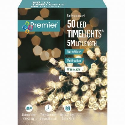 Premier Decorations Timelights Battery Operated Multi-Action 50 LED with Green Cable - Warm White
