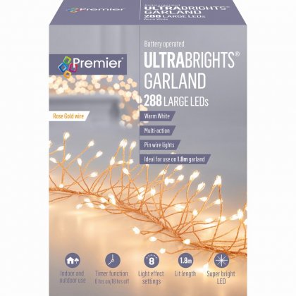 Premier Decorations UltraBrights Multi-Action Battery Operated Garland 288 LED - Rose Gold/Warm White