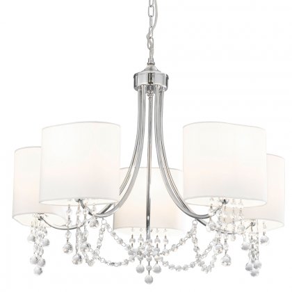 Searchlight Nina 5 Light Ceiling, Chrome, Clear Crystal, White Shades