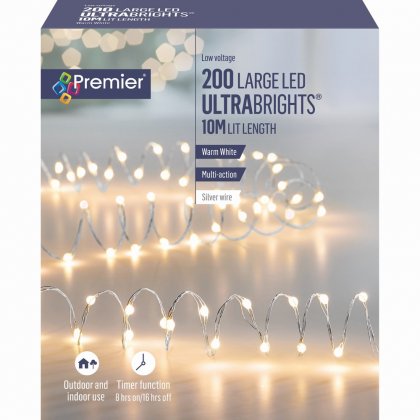 Premier Decorations UltraBrights Multi-Action 200 Large LED on Green Wire - Warm White