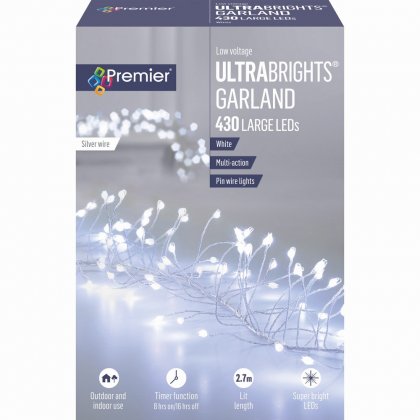 Premier Decorations UltraBrights Multi-Action Garland with Timer 430 LED - White