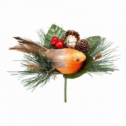 Premier Decorations Robin with Pine Cone Pick 15cm