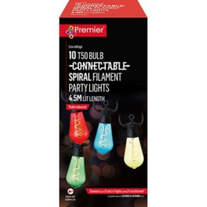 Premier Decorations 10 T50 Bulb Connectable Spiral Filament Party Lights - Multicoloured