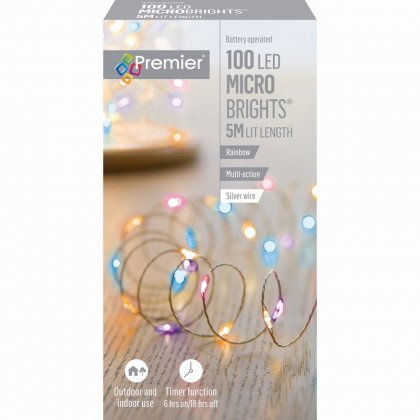 Premier Decorations MicroBrights Battery Operated Multi-Action Lights with Timer 100 LED on Silver Wire - Rainbow