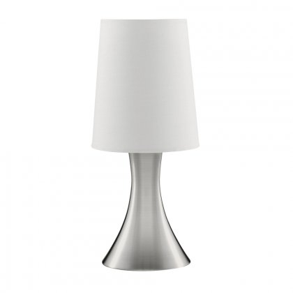 Searchlight Touch Table Lamp Satin Silver Base White Tapered Shade