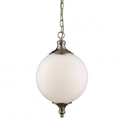 Searchlight Vulcan Pendant, Antique Brass, Shiny Opal Glass