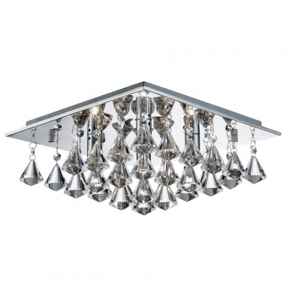 Searchlight Hanna-4 Light Square Flush Ceiling Chrome Clear Crystal Pyramid Drops