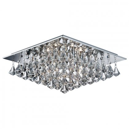 Searchlight Hanna-6 Light Square Flush Ceiling Chrome Clear Crystal Pyramid Drops