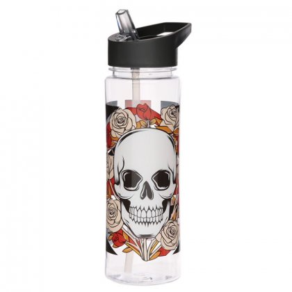 Puckator Reusable 550ml Water Bottle with Flip Straw - Union Jack Skulls and Roses