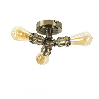 Oaks Lighting Iron 3 Bulb Flush Ceiling Light Antique Brass