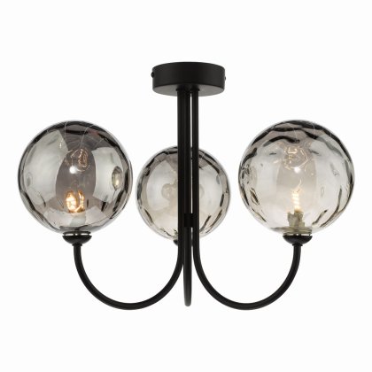 Dar Jared 3 Light Semi-Flush Matt Black with Smoked Dimpled Glass