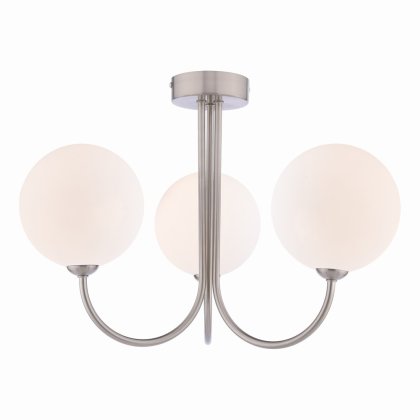 Dar Jared 3 Light Semi-Flush Satin Nickel and Large Opal Glass