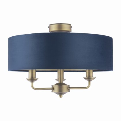 Laura Ashley Sorrento 3 Light Semi-Flush Matt Antique Brass with Blue Shade