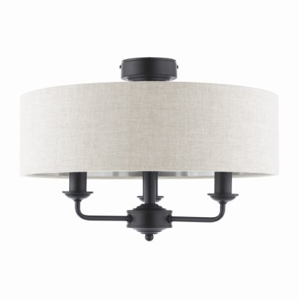 Laura Ashley Sorrento 3 Light Semi-Flush Matt Black with Natural Shade