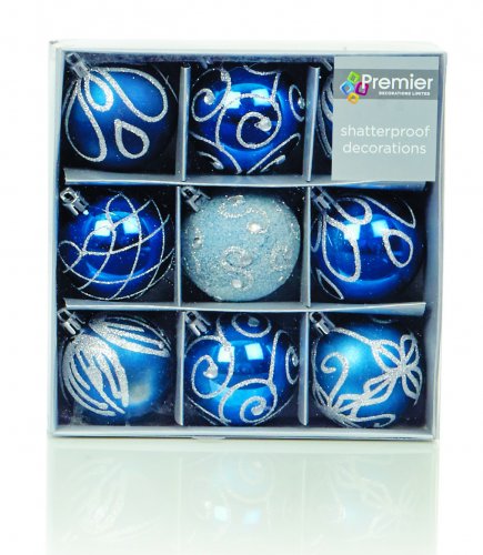 Premier Decorations Shatterproof Baubles 60mm (Pack of 9) - Midnight Blue