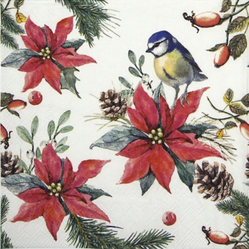Ambiente Lunch Napkins 33 x 33cm (Pack of 20) - Birds on Poinsettia White